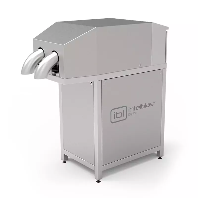 PELLETIZER 4 Przemysłowa suszarka do rąk ze stali nierdzewnej z dwoma zakrzywionymi wylotami powietrza i logo ibl intelblast Dry Ice na panelu bocznym, stojąca na czterech krótkich nóżkach na białym tle.
